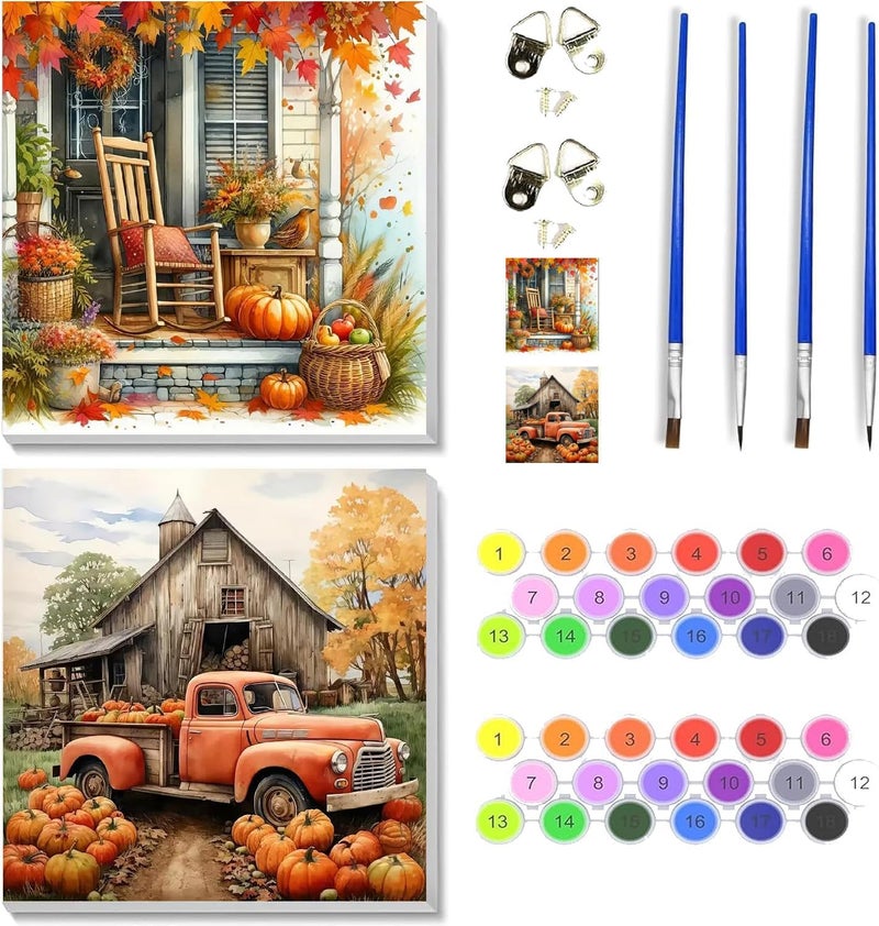 VIGEGU 2 Pack Fall Paint by Numbers Kit for Adults with Framed,Thanksgiving Paint by Number DIY Adult Paint by Number Kits for Wall Decor 10x10in - Image 1